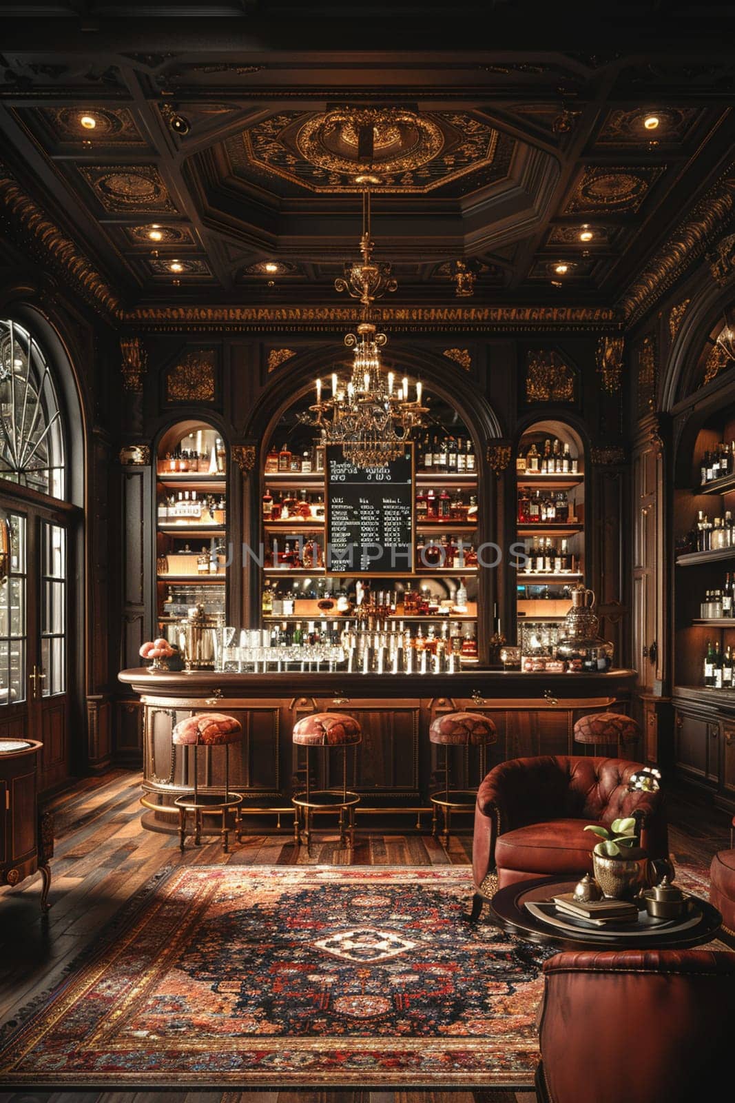 Classic speakeasy with hidden doors, dark wood paneling, and prohibition-era cocktails.3D render