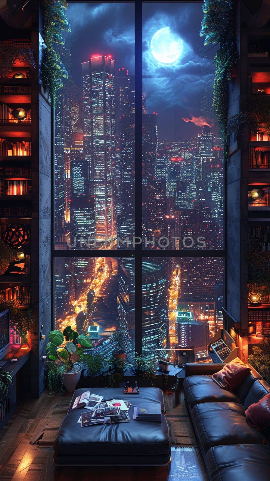 Cyberpunk apartment with neon lights, high-tech gadgets, and urban views.3D render