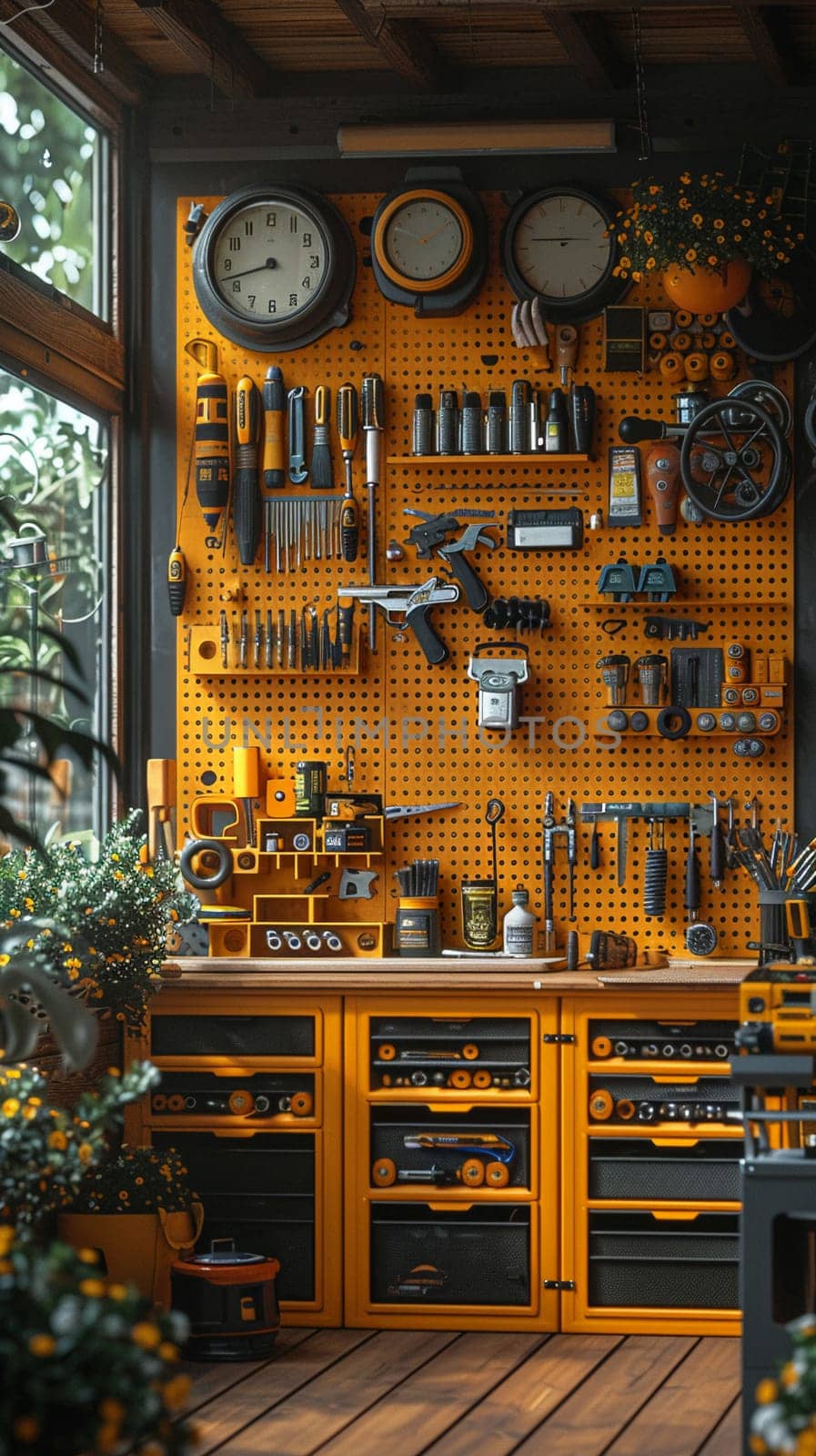 DIY maker's workshop with tools organized on pegboards3D render