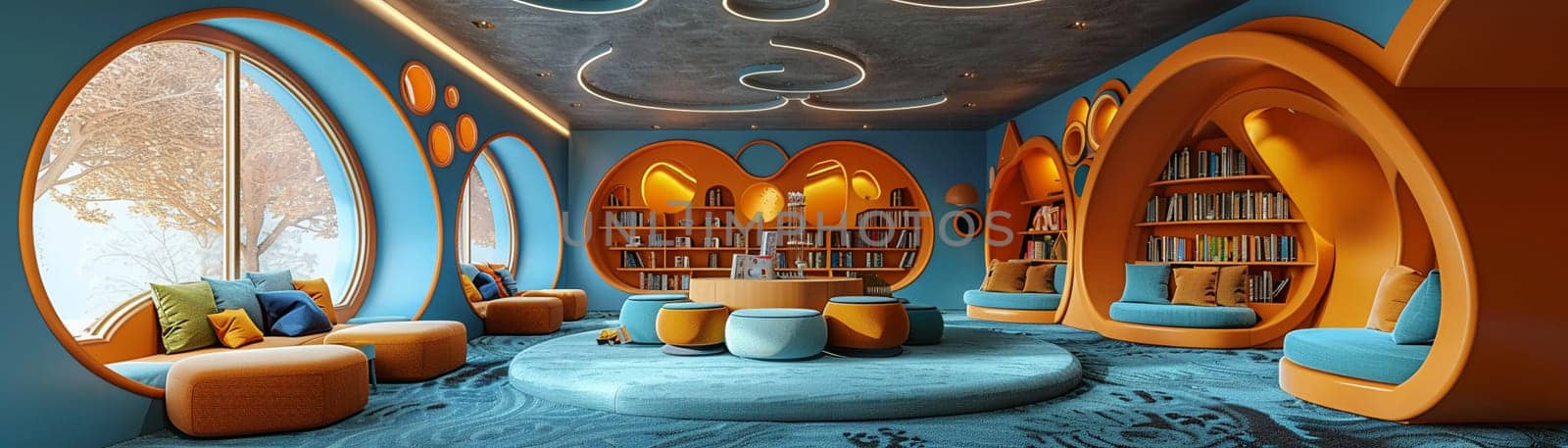 Interactive children's library with themed reading nooks and educational games.3D render