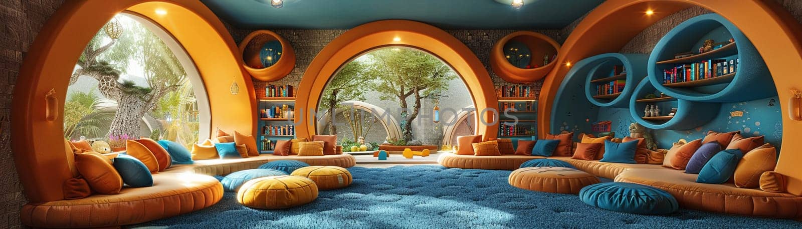 Interactive childrens library with themed reading nooks and educational games.3D render by Benzoix