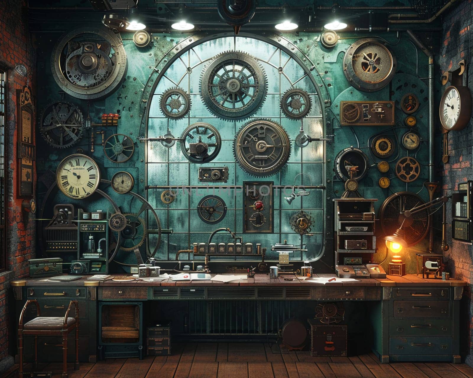 Steampunk inventor's lab with gears, levers, and vintage clocks3D render