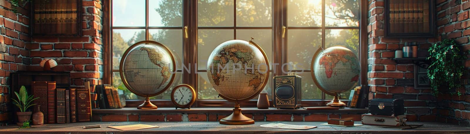 Vintage travel-themed home office with globes maps by Benzoix