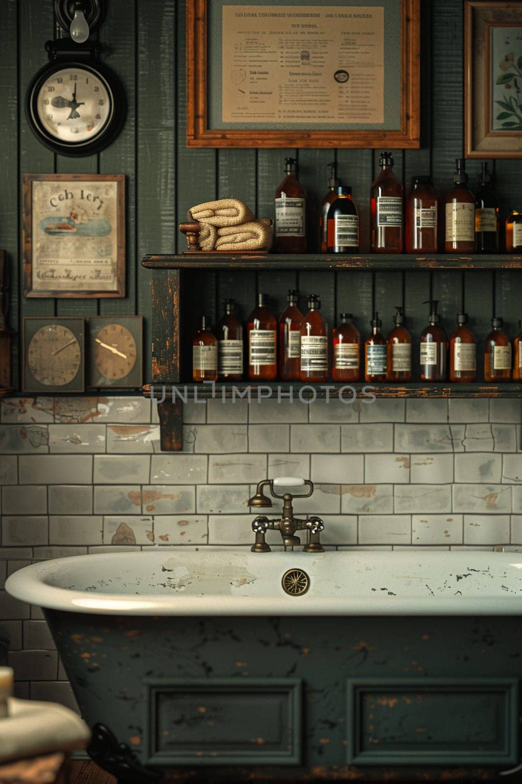 Apothecary-style bathroom with antique bottles and clawfoot tub3D render.