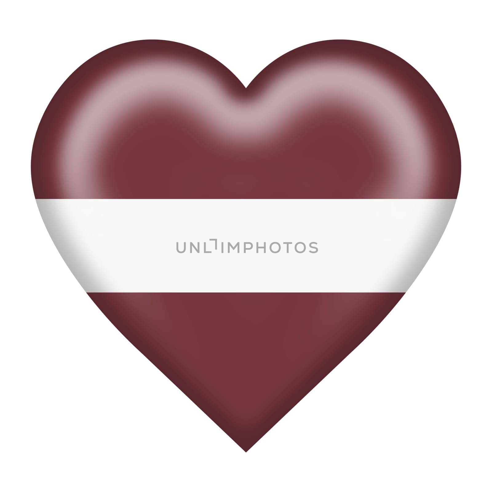 A Latvia flag heart button isolated on white with clipping path 3d illustration