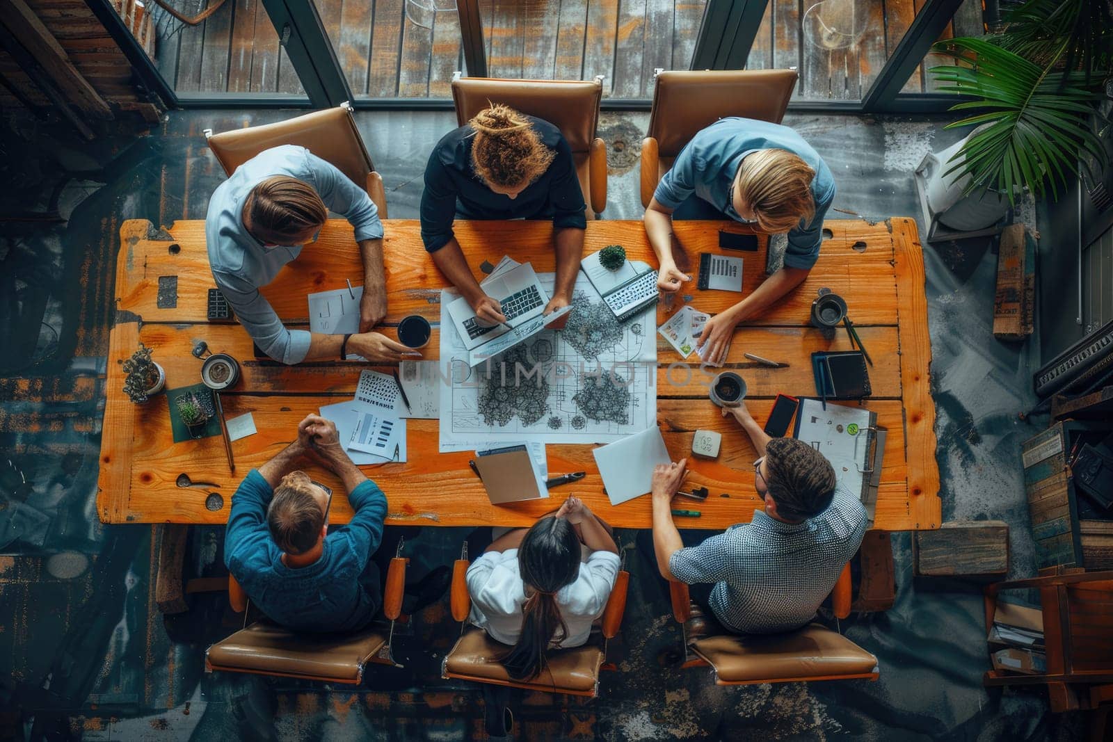 A group of people are sitting around a wooden table, working together on a project. The atmosphere is collaborative and focused, with everyone engaged in the task at hand