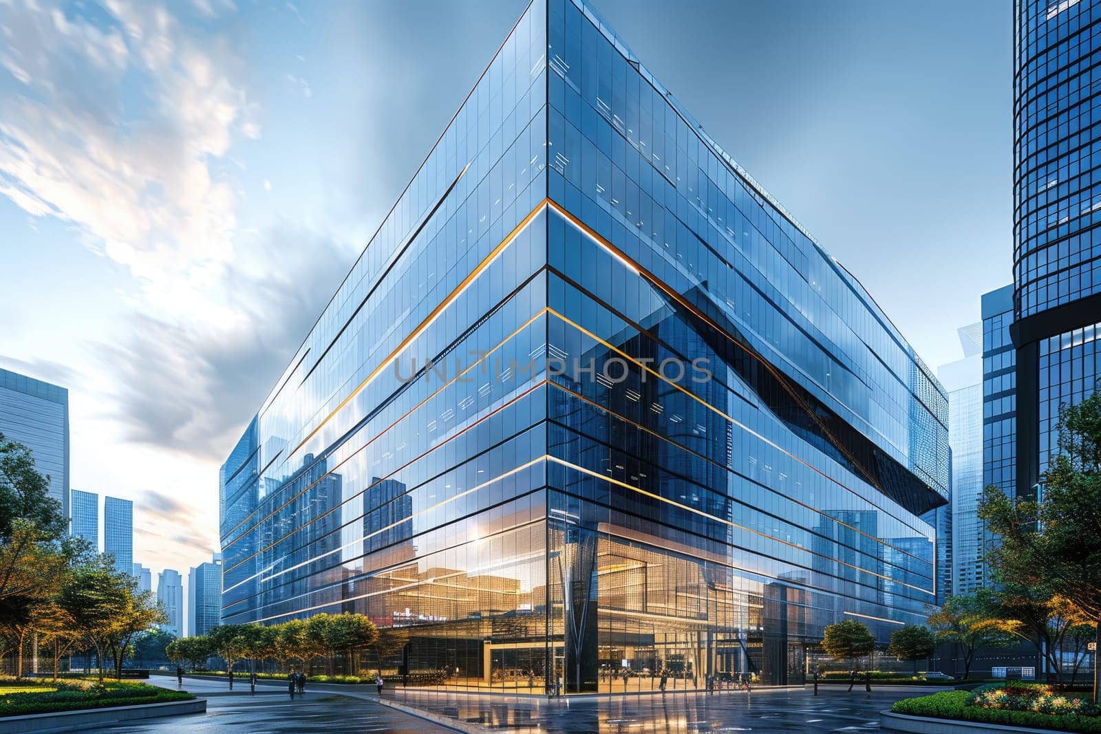 A large glass building with a lot of windows and a large entrance. The building is surrounded by trees and is located in a city