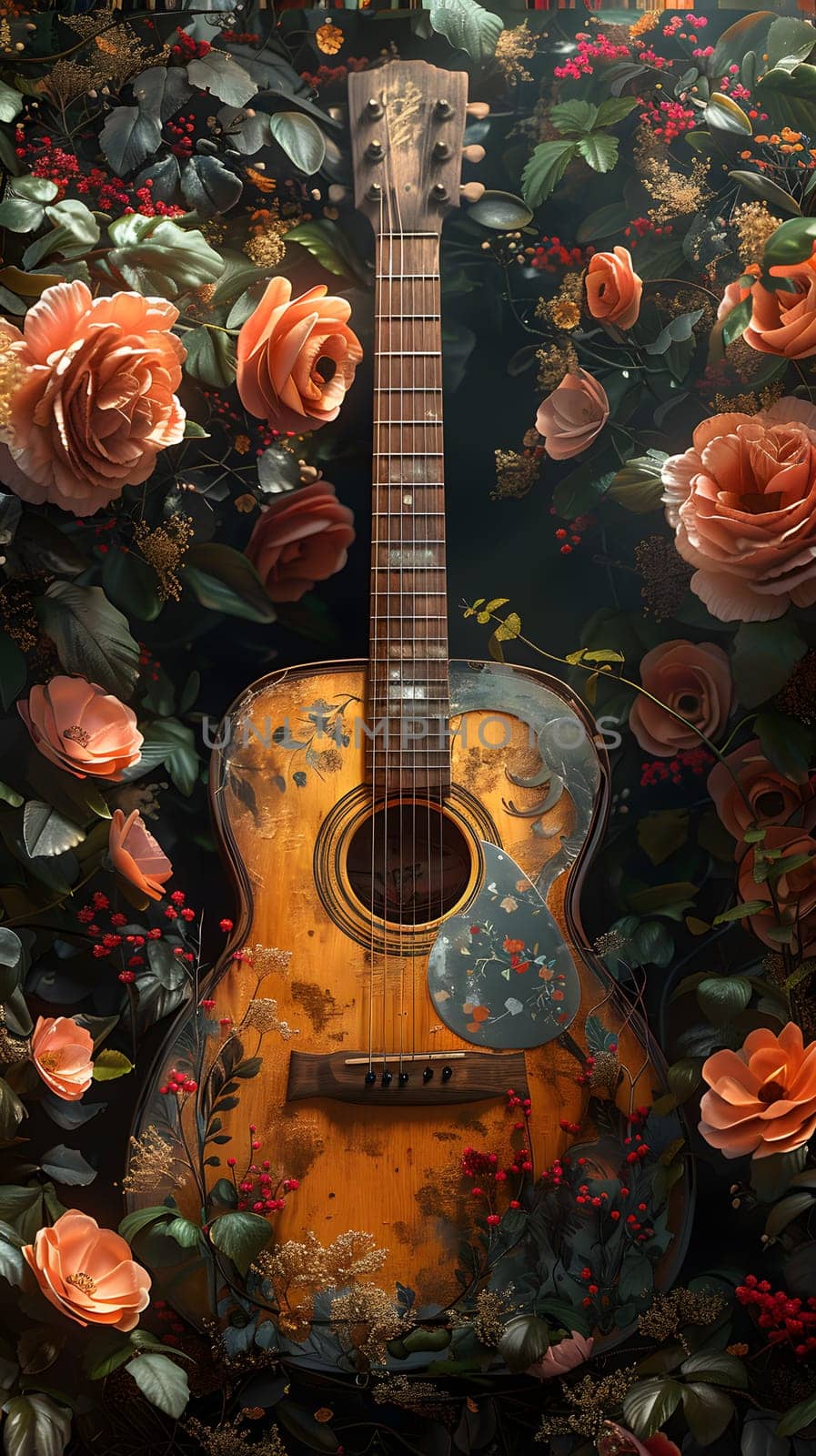 Musical instrument Guitar surrounded by roses in a garden by Nadtochiy