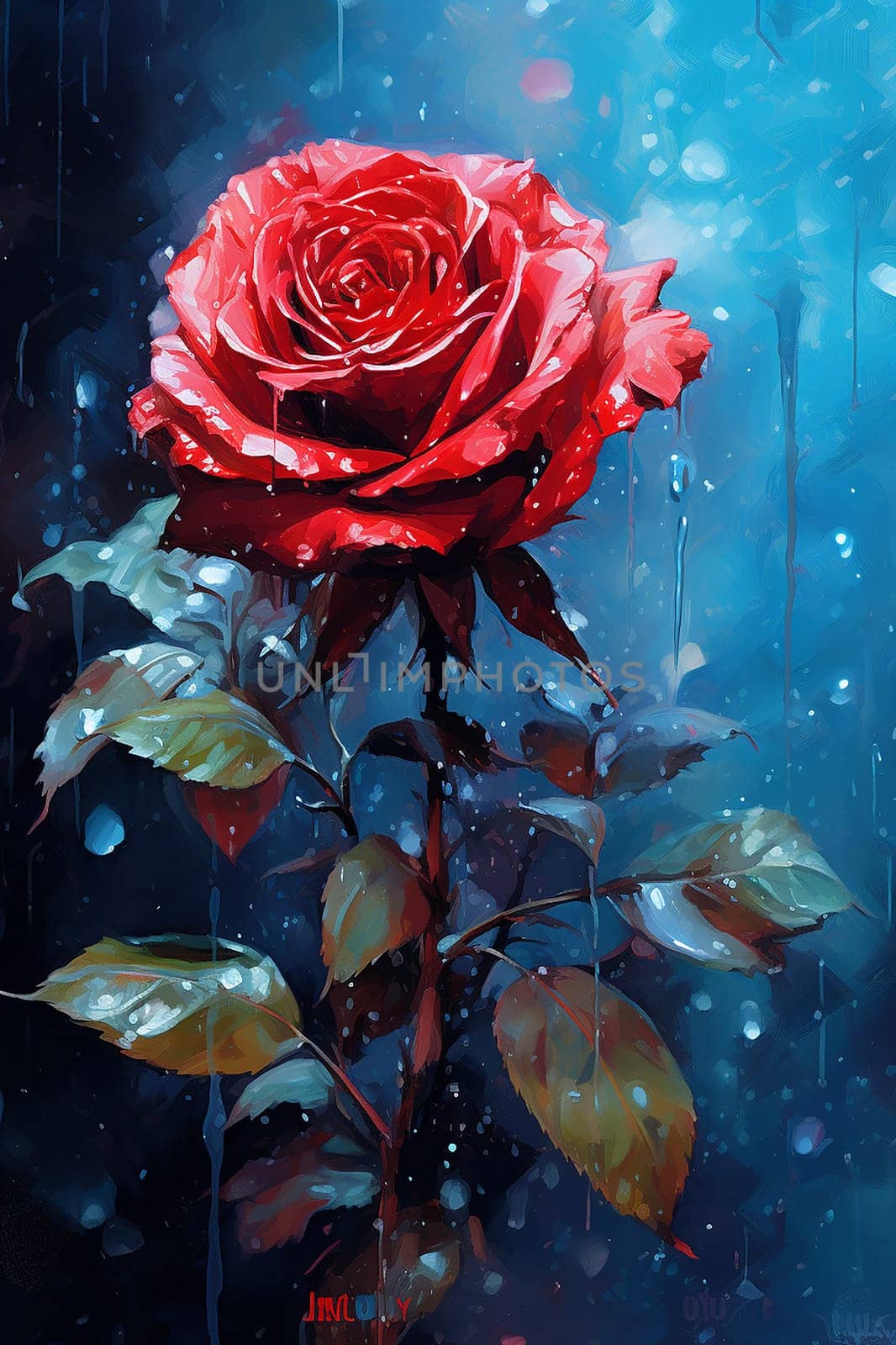 Vibrant red rose against a moody, rain-streaked blue backdrop