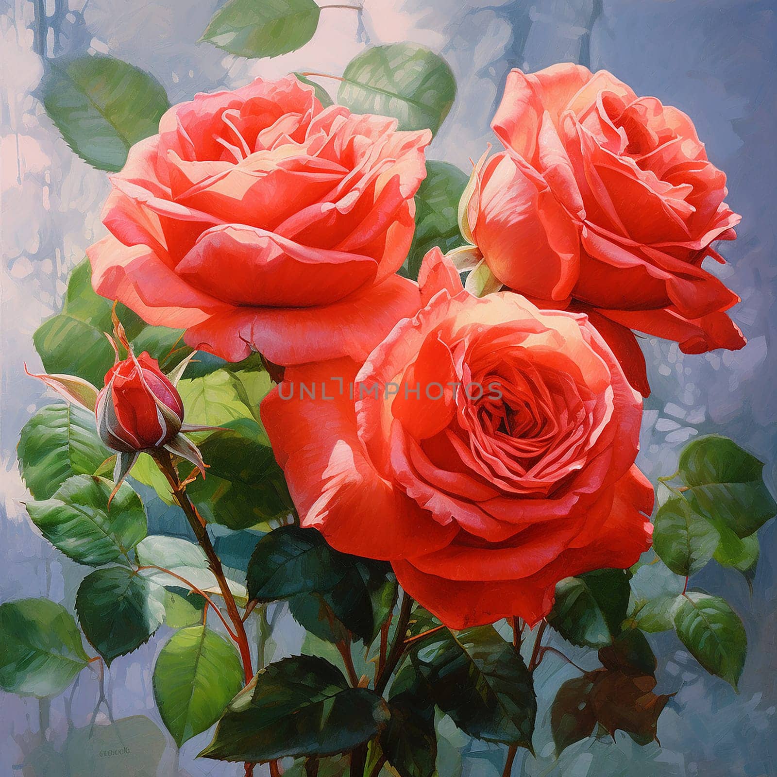 Vibrant red roses in full bloom against a light background by Hype2art