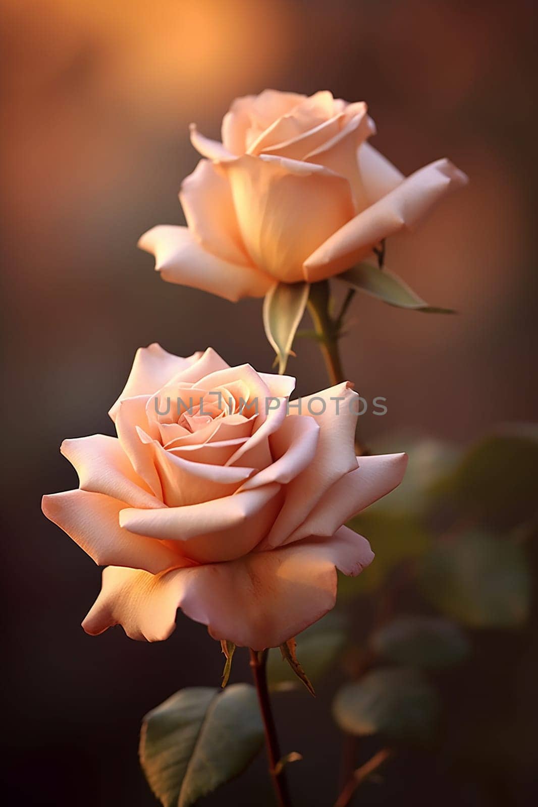 Two delicate peach roses in soft sunset light.