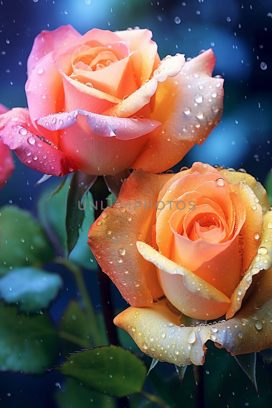 A couple of roses with rainbow color on petals, colorful flower