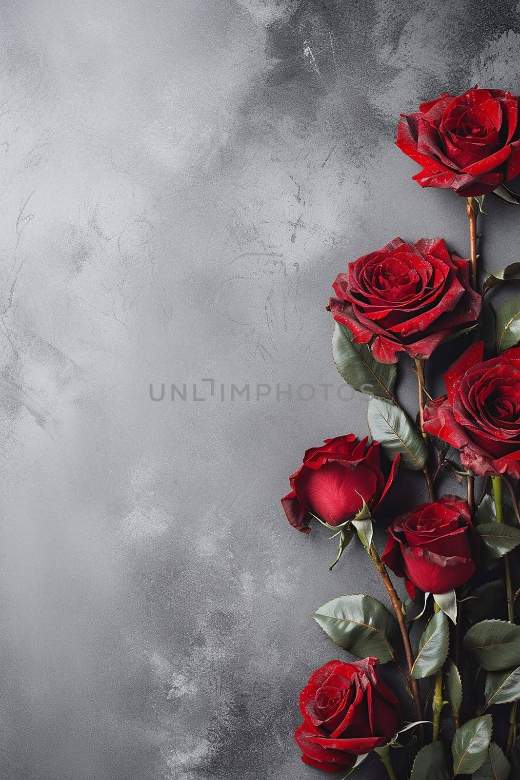A group of red roses arranged on a grey background.