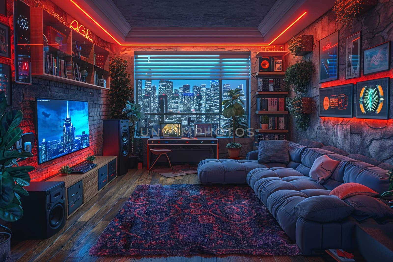 Cyberpunk gaming den with neon lights and high-tech setups3D render by Benzoix