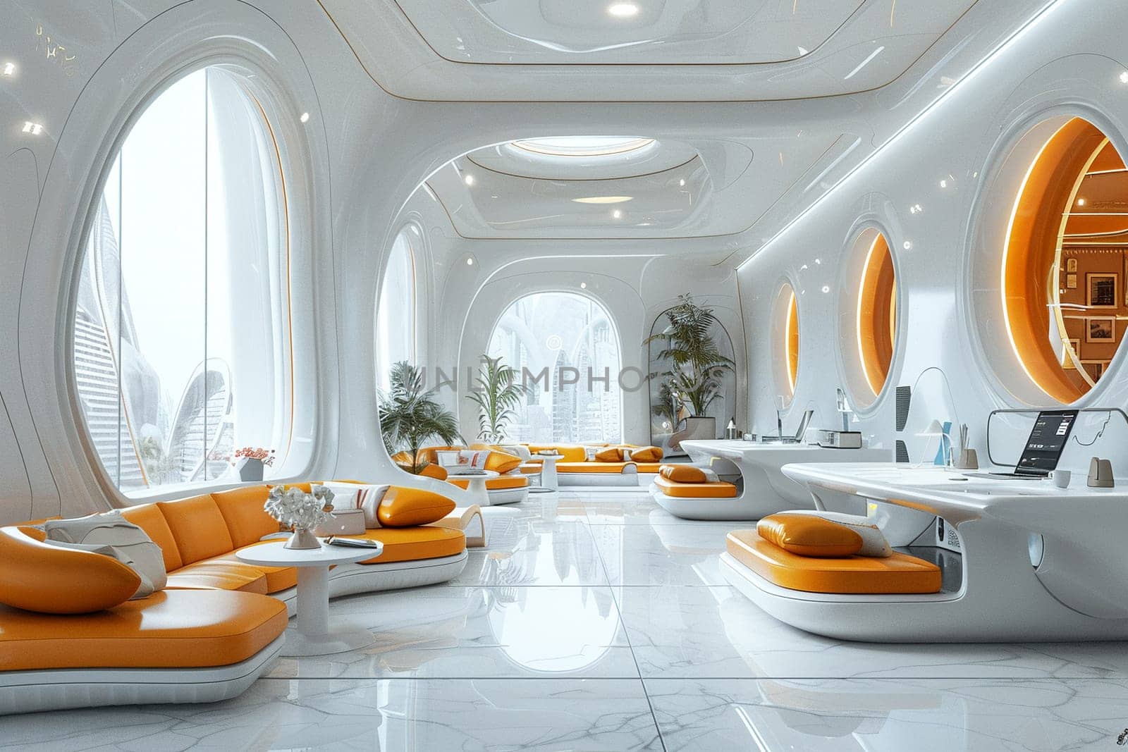 Cyber cafe with high-speed internet and futuristic furnishings3D render by Benzoix