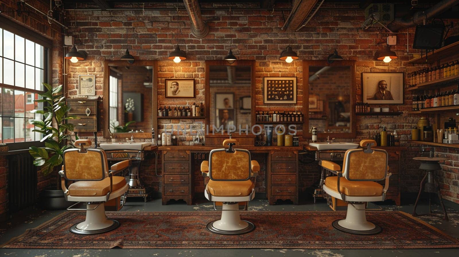 Hipster barbershop with vintage chairs and exposed filament bulbs3D render by Benzoix