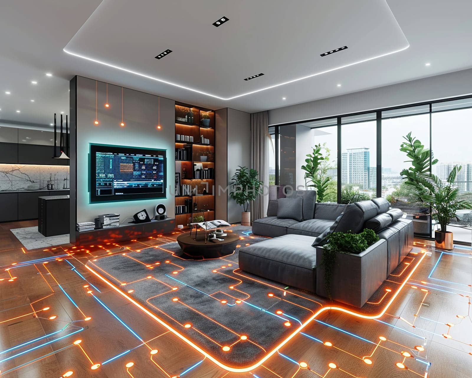 High-tech smart home living room with integrated technology and sleek furniture3D render by Benzoix