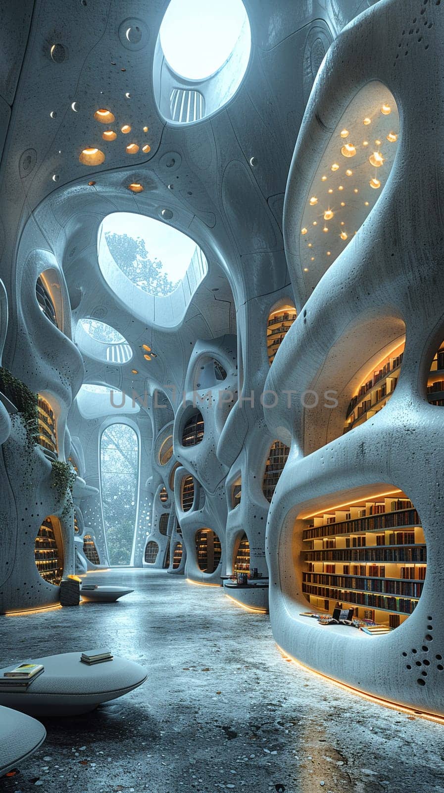 Futuristic public library with holographic books and interactive learning pods.3D render by Benzoix