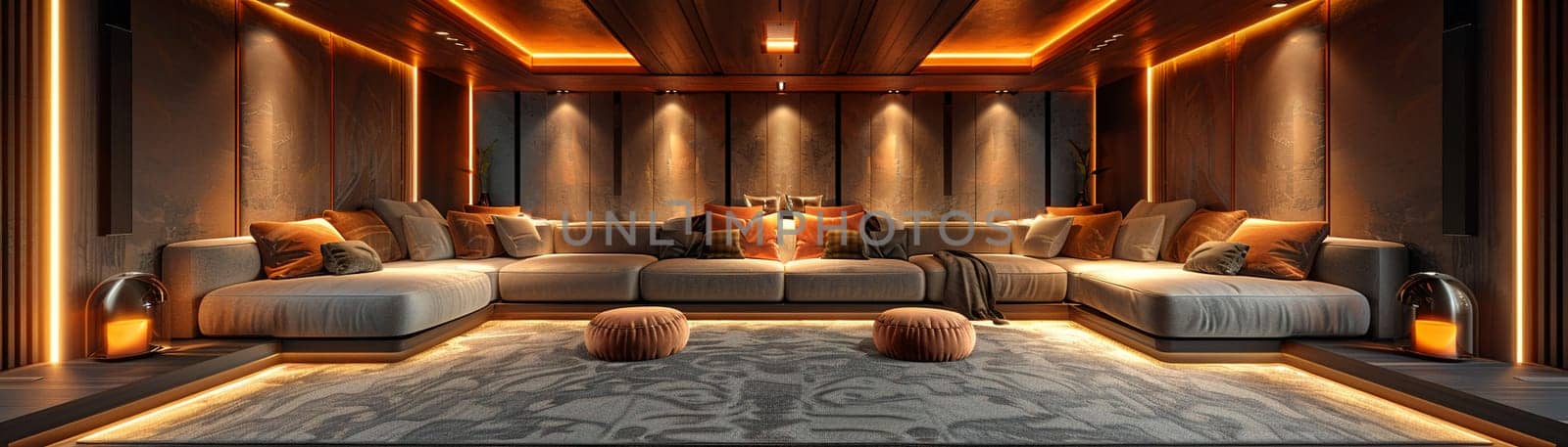 Luxurious home theater with plush seating and state-of-the-art sound system3D render by Benzoix