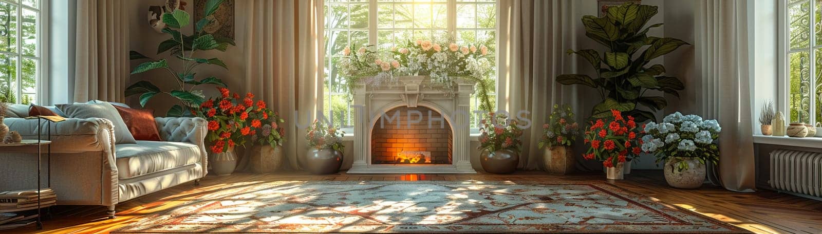 Traditional English cottage living room with floral patterns and cozy fireplace3D render.