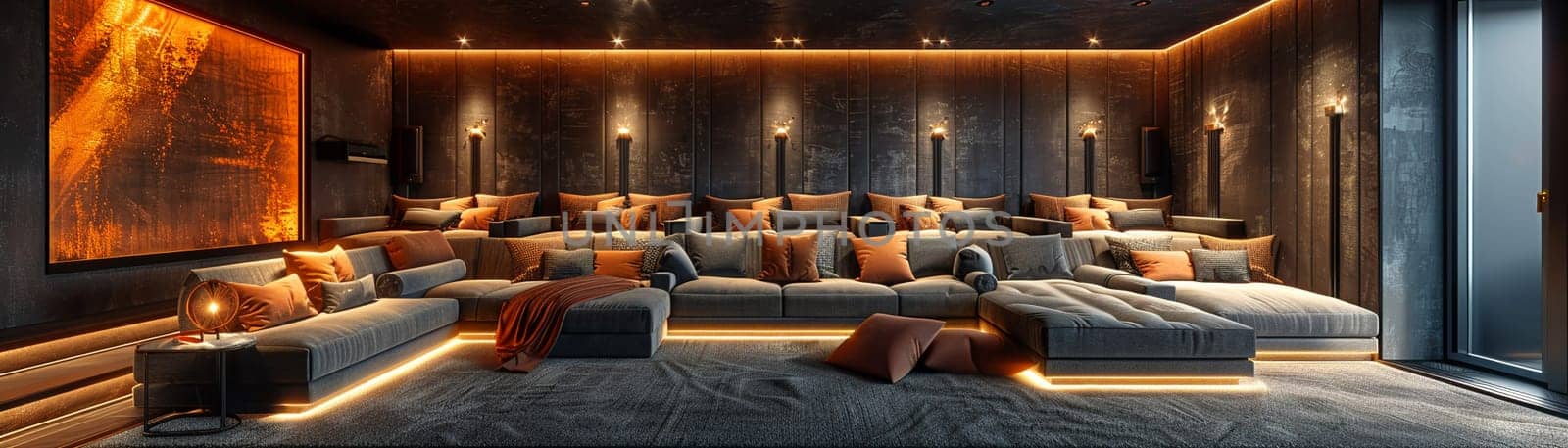 Luxurious home theater with plush seating and state-of-the-art sound system3D render by Benzoix