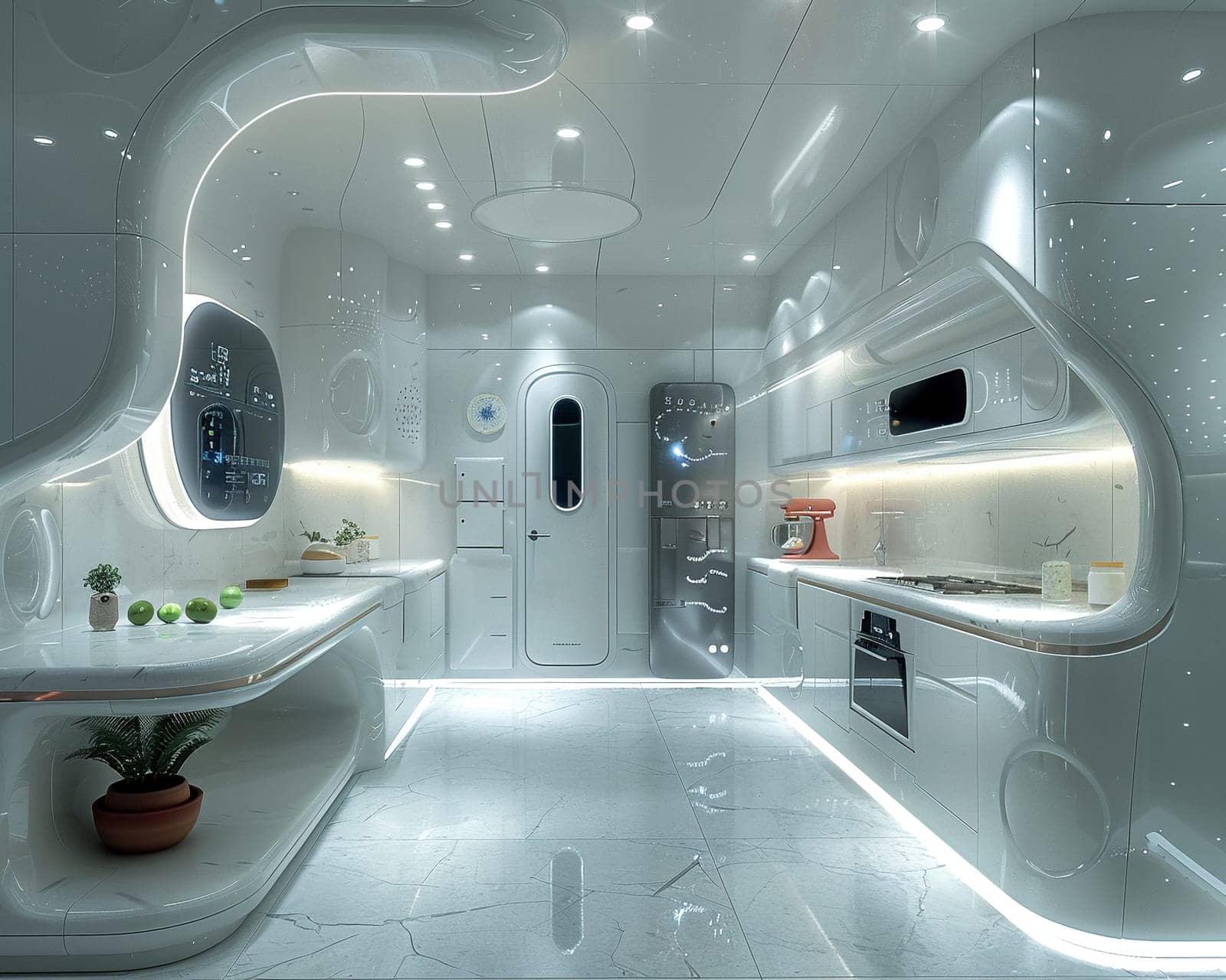Futuristic smart home kitchen with voice-controlled appliances and interactive countertops.3D render by Benzoix
