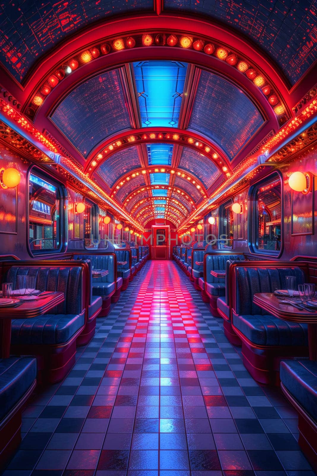 Retro-futuristic diner with chrome accents and neon lighting.3D render by Benzoix