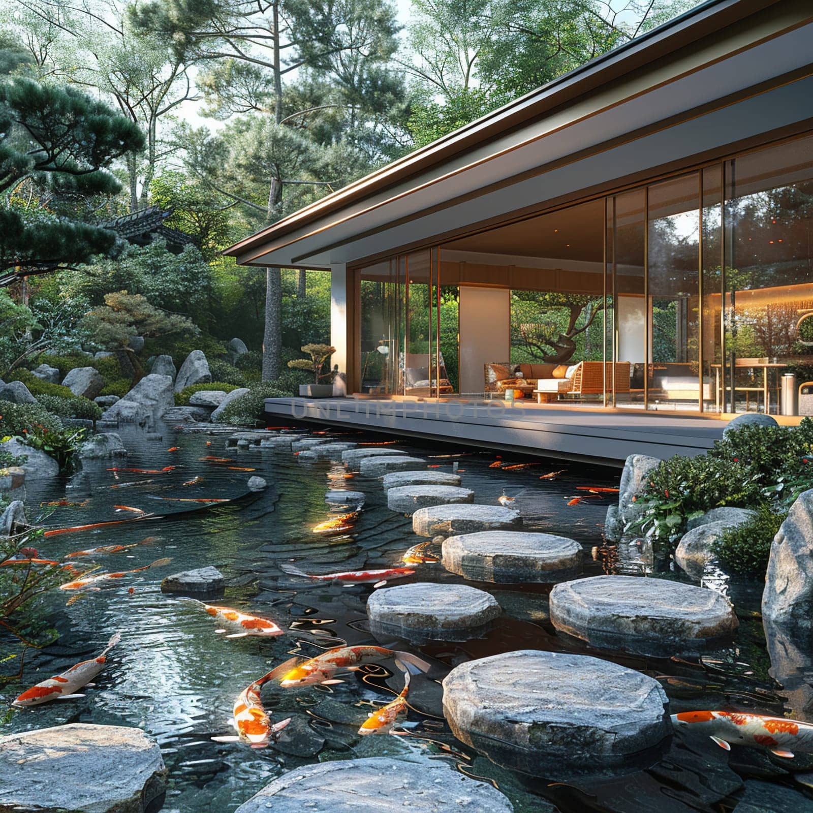 Tranquil Japanese koi pond garden with stepping stones and traditional tea house.3D render