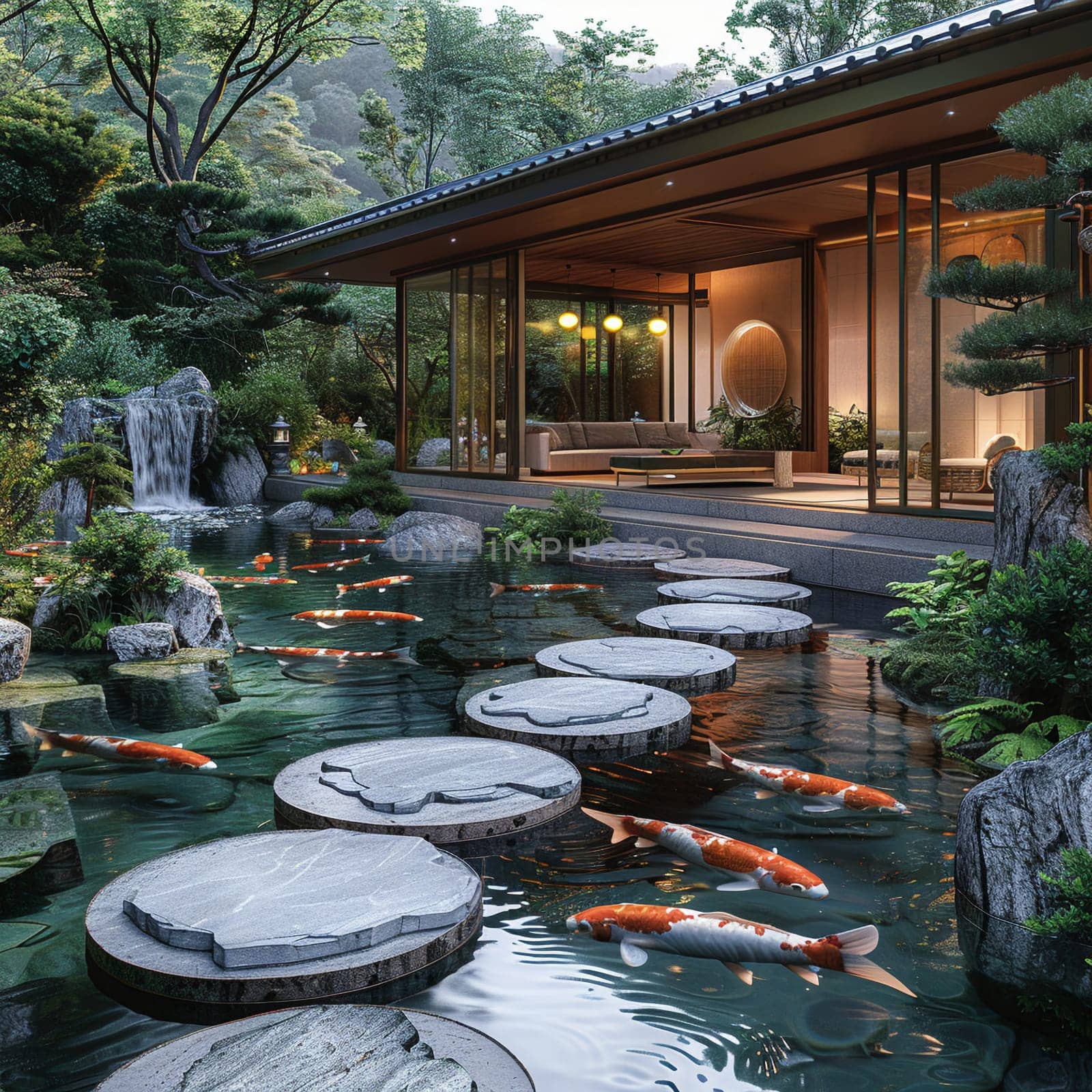 Tranquil Japanese koi pond garden with stepping stones and traditional tea house.3D render