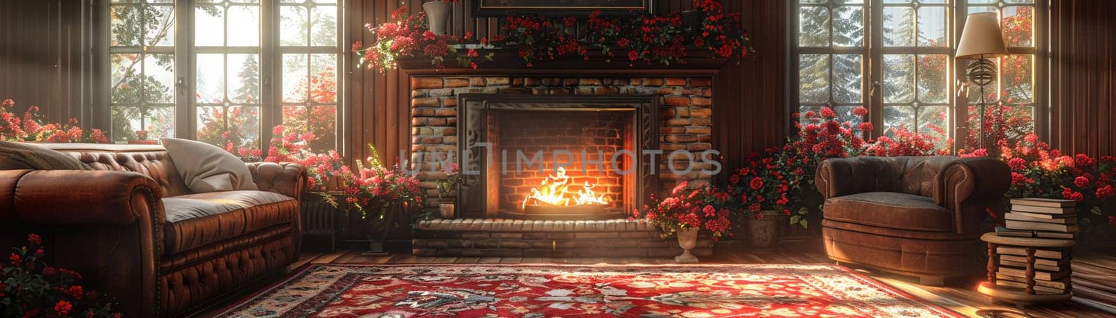 Traditional English cottage living room with floral patterns and cozy fireplace3D render.