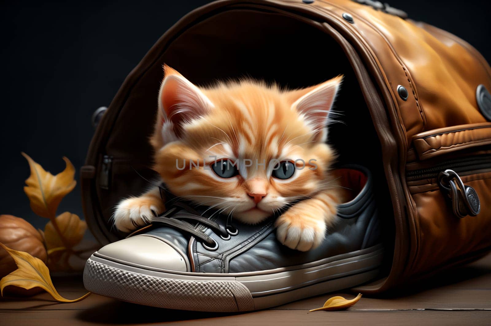 a small cute kitten lies near children's shoes. AI generated image.