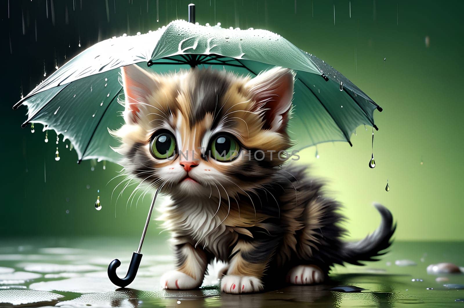 kitten sits under an umbrella, it is raining . generated image.