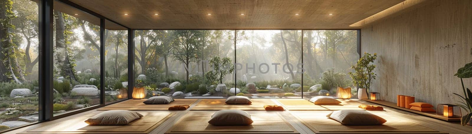 Peaceful yoga studio with natural wood floors and calming colors3D render.