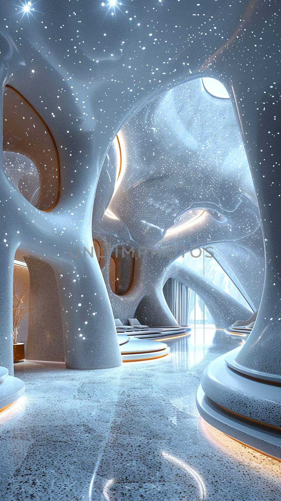 Futuristic lobby with interactive installations and high-tech features3D render by Benzoix