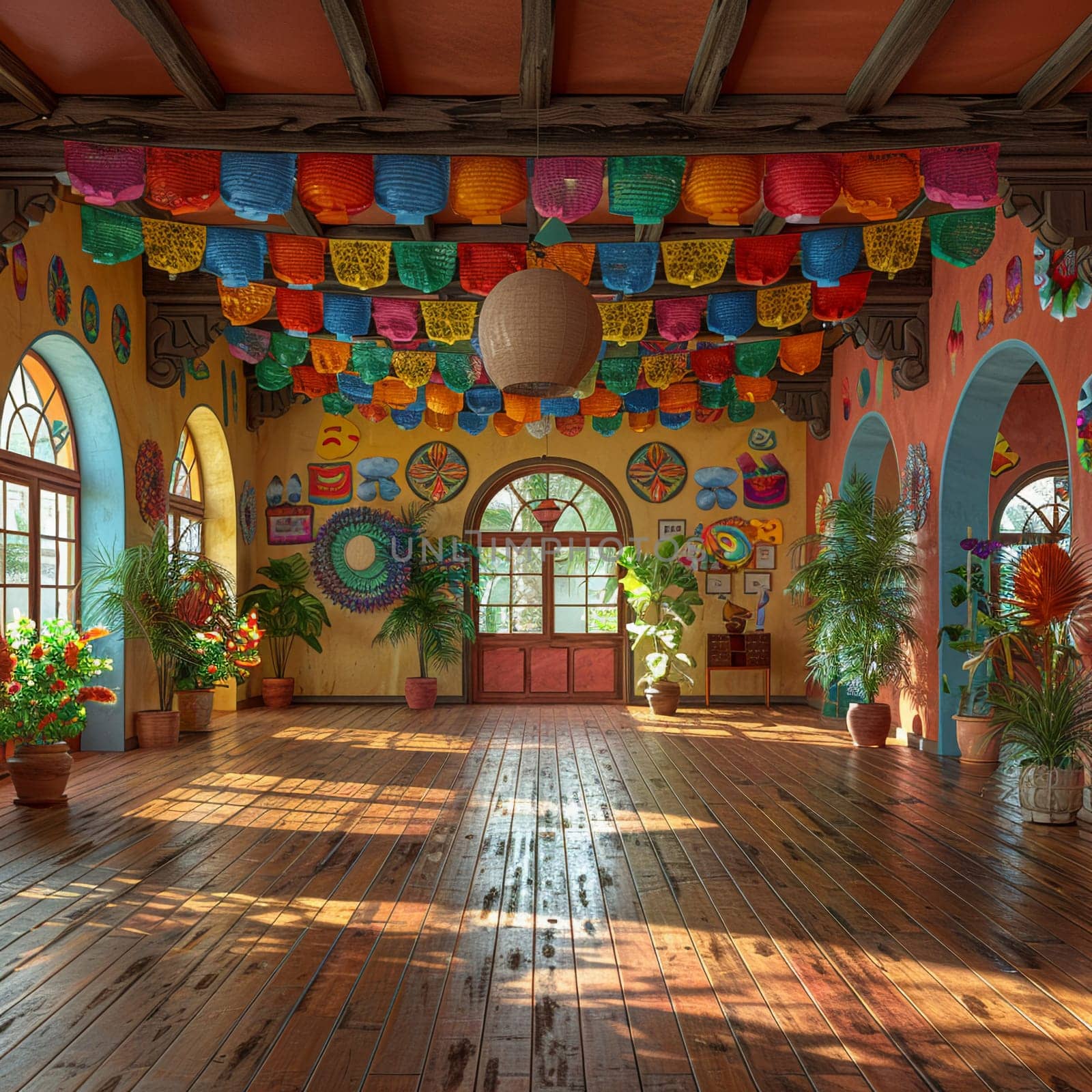 Vibrant Latin dance studio with colorful decorations and a wooden floor3D render by Benzoix