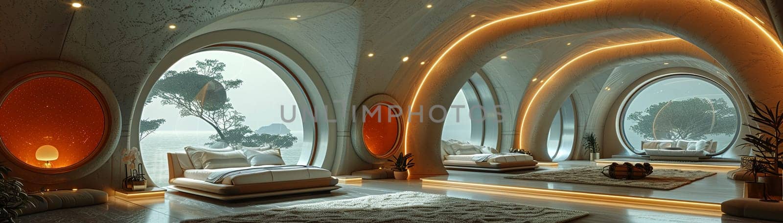 Futuristic bedroom with dynamic lighting and modular furniture3D render.