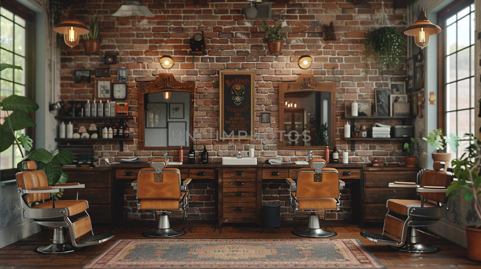 Hipster barbershop with vintage chairs and exposed filament bulbs3D render.