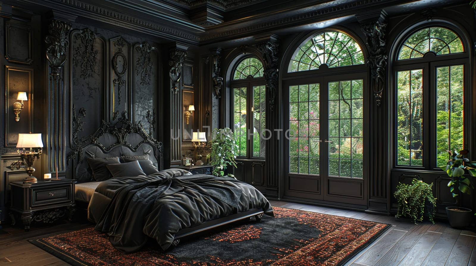 Modern Gothic bedroom with dark colors and dramatic decor3D render.