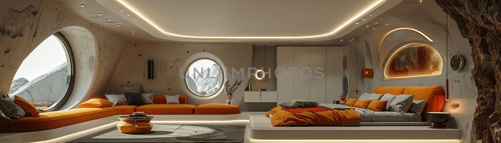 Futuristic bedroom with dynamic lighting and modular furniture3D render by Benzoix