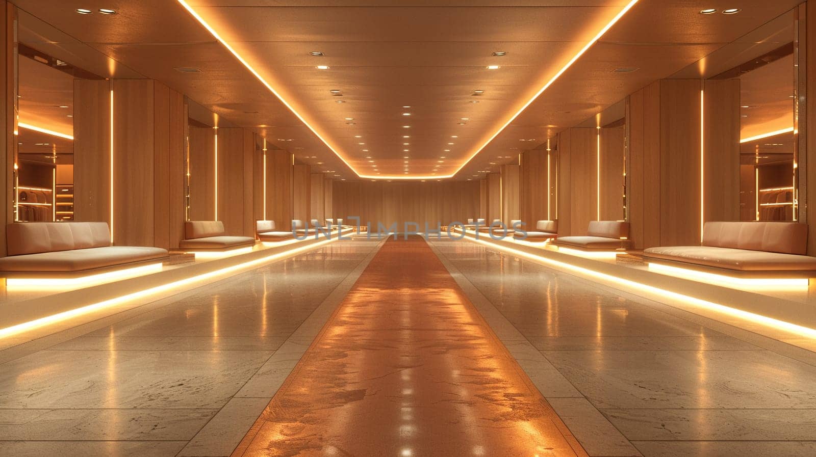 High-fashion dressing area with runway lighting and mirrored walls3D render.