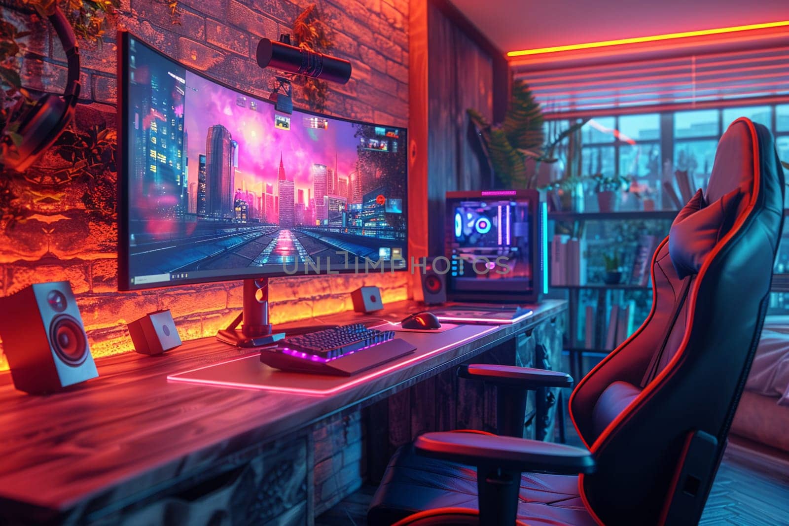 Cyberpunk gaming den with neon lights and high-tech setups3D render.