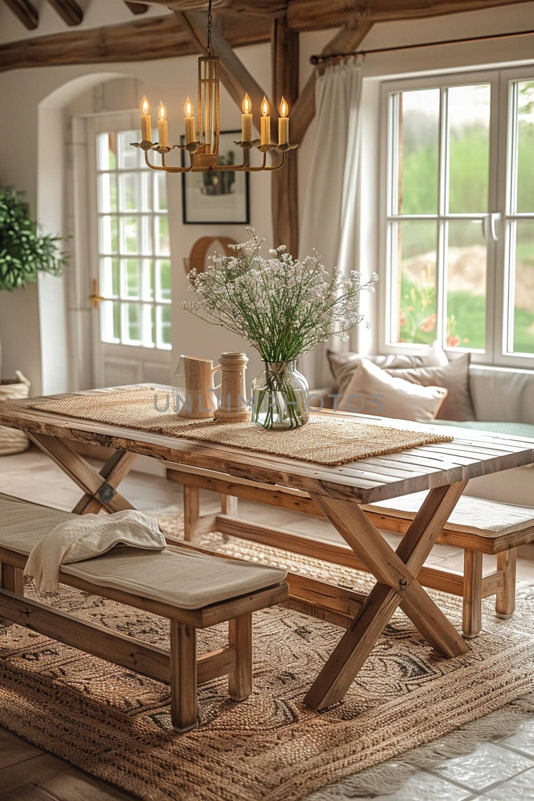 Warm and inviting dining room with a rustic farmhouse table and candle chandelier3D render.
