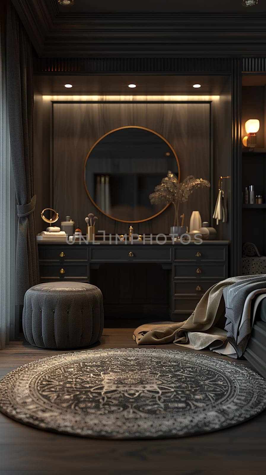 Luxurious dressing room with silk robes and a makeup vanity3D render by Benzoix