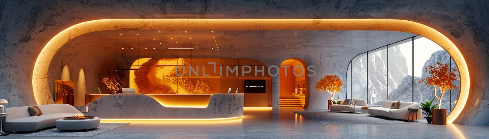 Futuristic bank lobby with interactive screens and sleek surfaces3D render by Benzoix