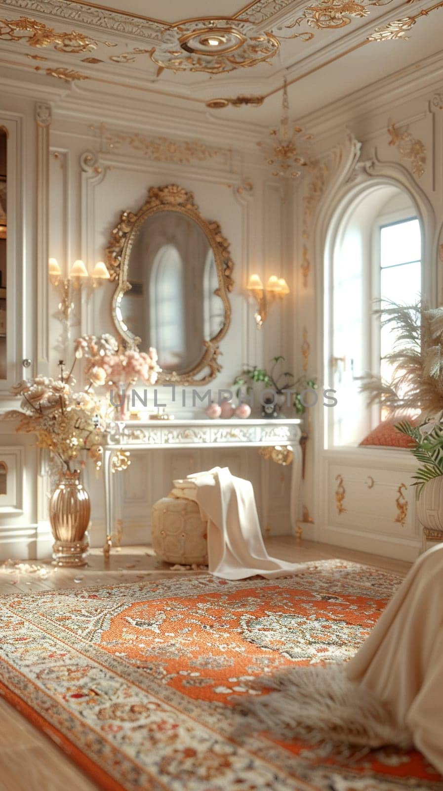 Luxurious dressing room with silk robes and a makeup vanity3D render.
