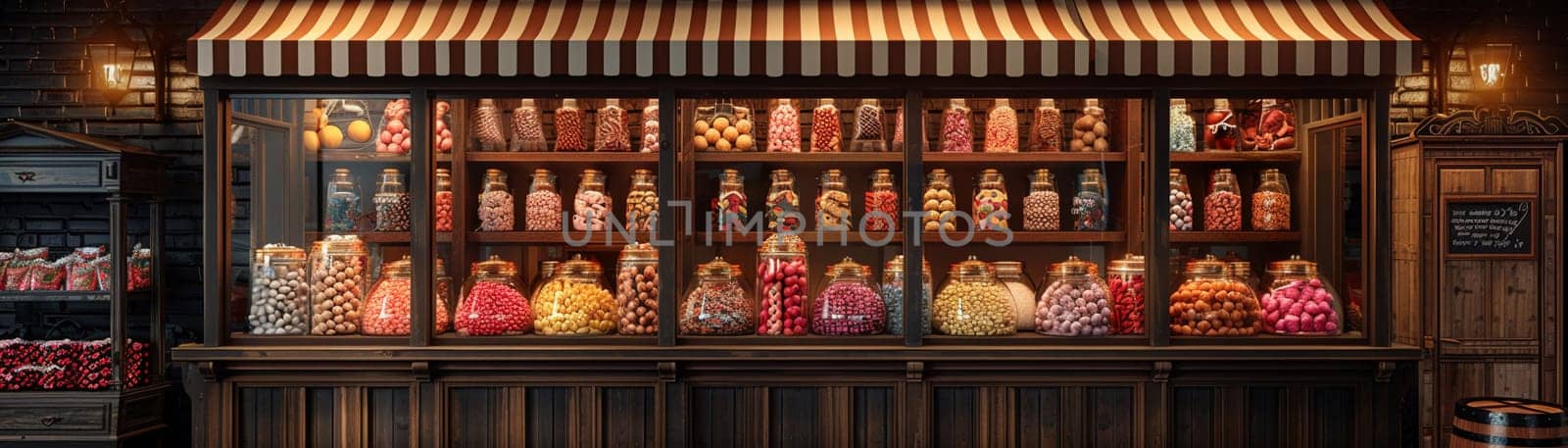 Old-fashioned candy shop with jars of sweets and a striped awning3D render by Benzoix