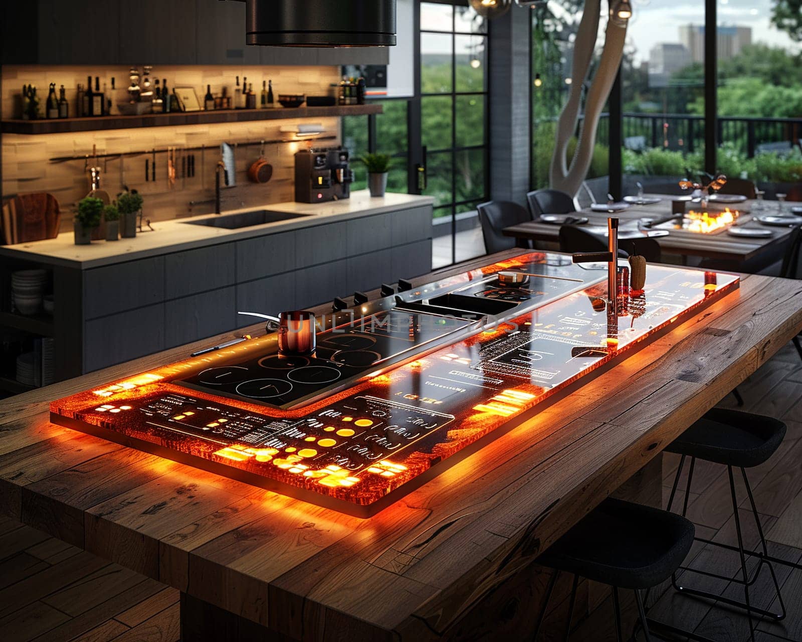 Futuristic smart home kitchen with voice-controlled appliances and interactive countertops.3D render by Benzoix