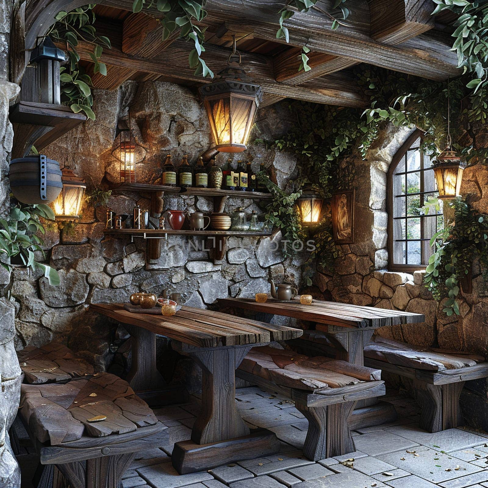 Medieval themed tavern with stone walls and heavy wooden tables3D render.
