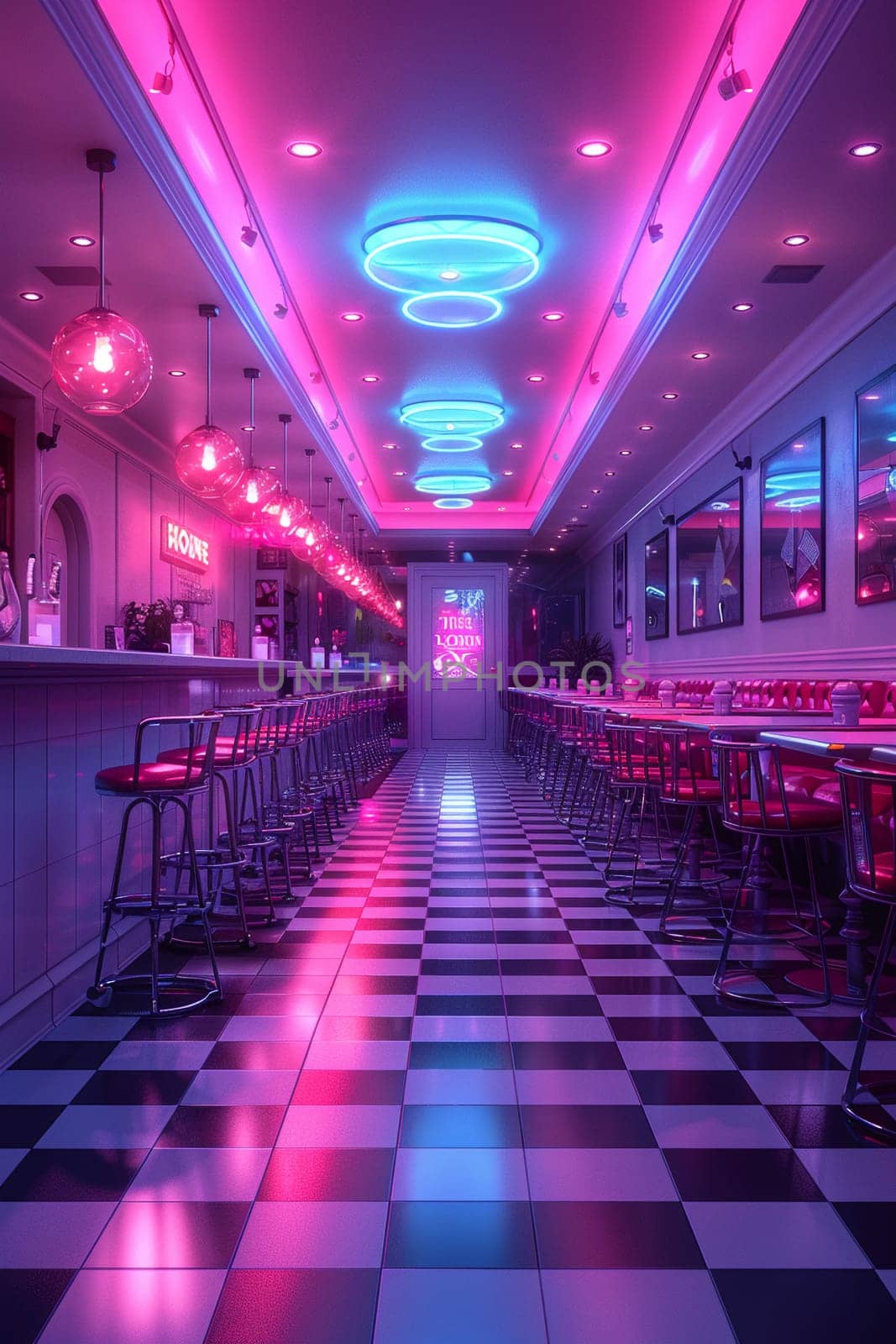 Retro-futuristic diner with chrome accents and neon lighting.3D render.