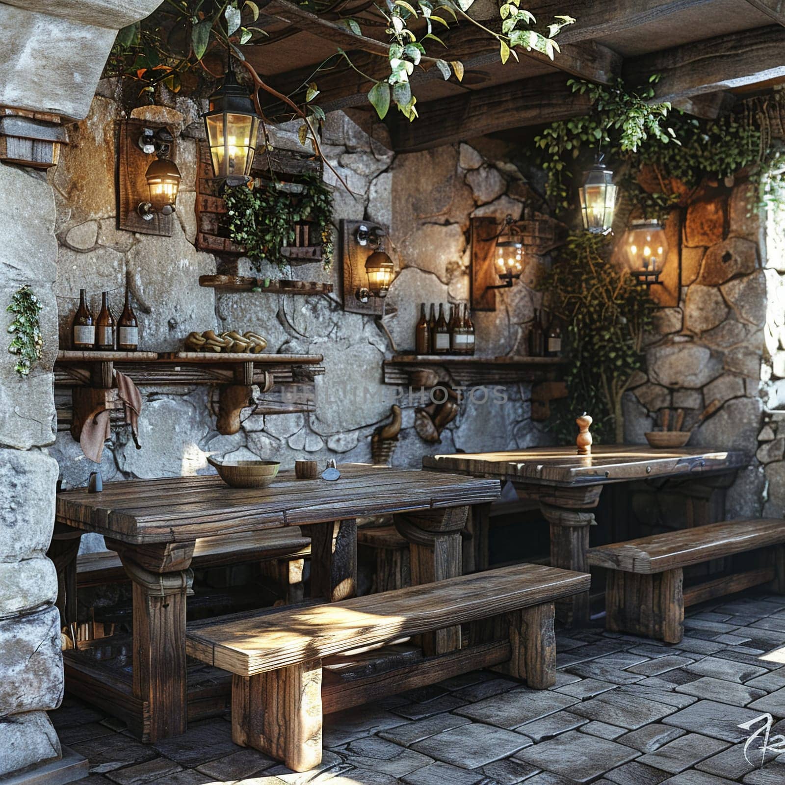 Medieval themed tavern with stone walls and heavy wooden tables3D render by Benzoix